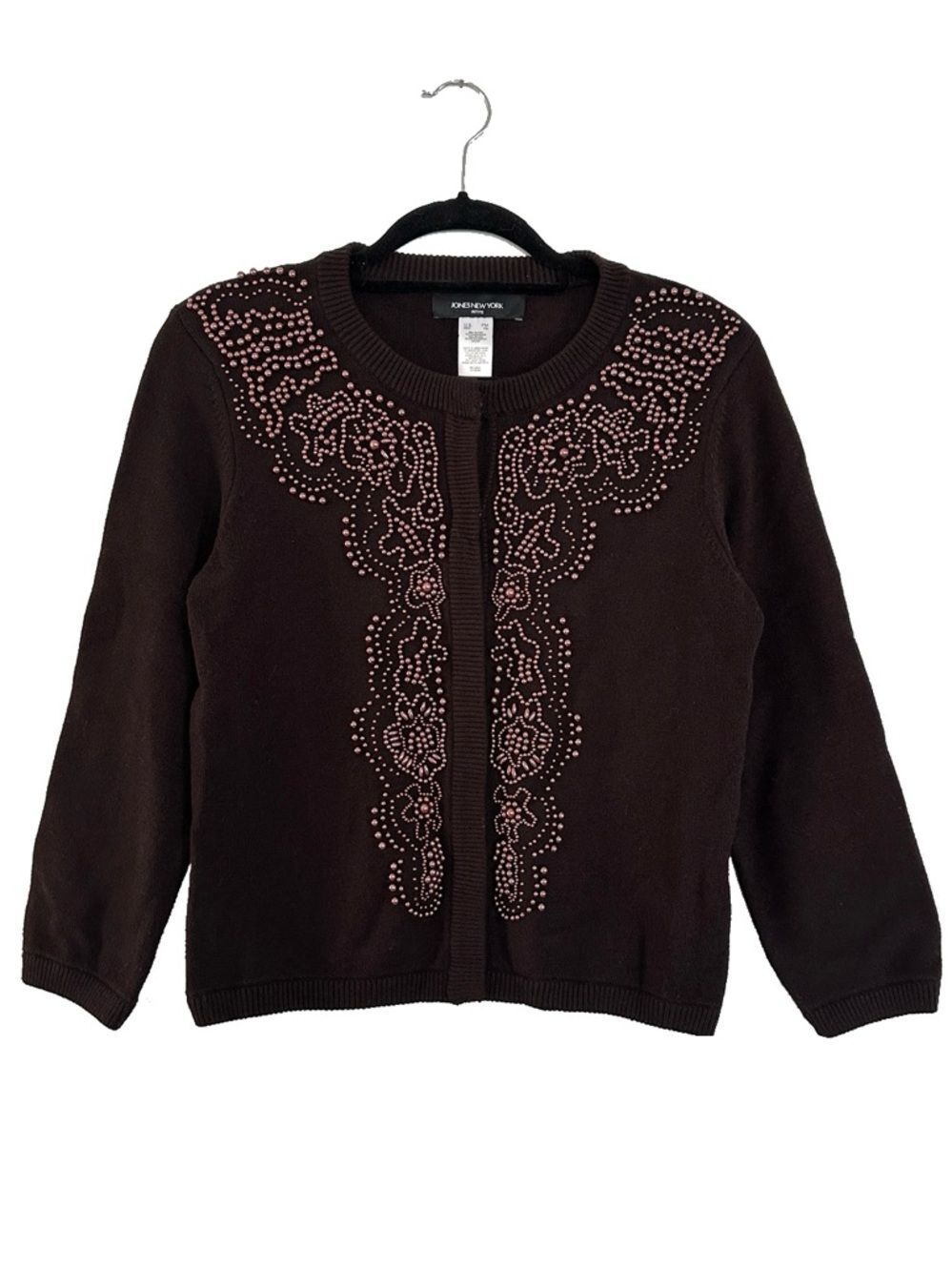 Pearl Beaded Dark Brown Knit Snap Button Cardigan Sweater Evening Med Petite